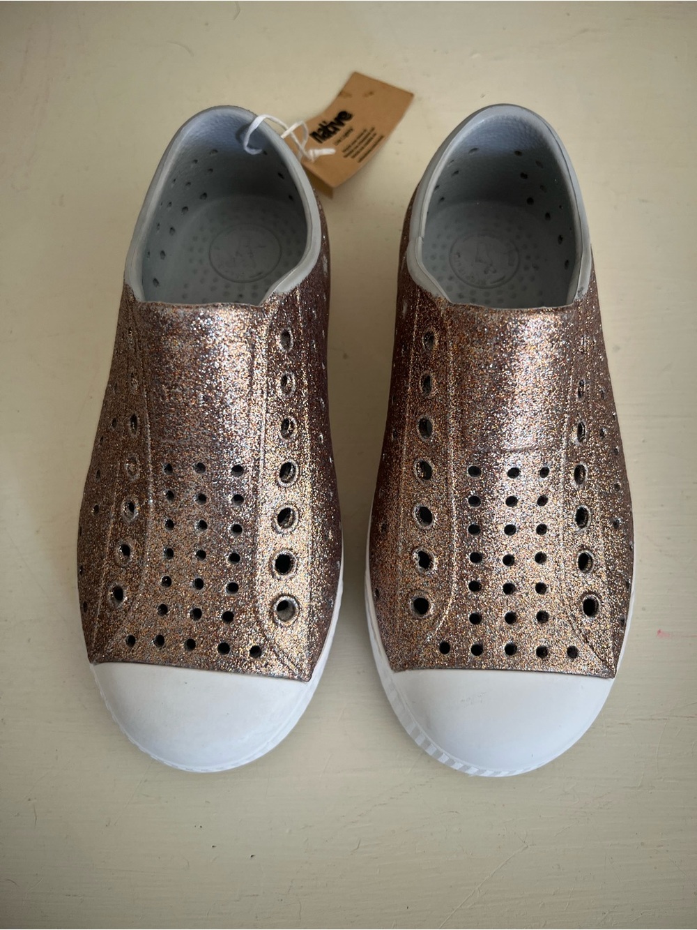 Native Shoes Kids Glitter Slip-On in Rose Gold and White